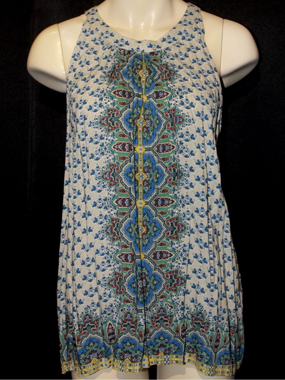Lucy & Laurel Blue, White & Green Boho Medallion Halter Tank